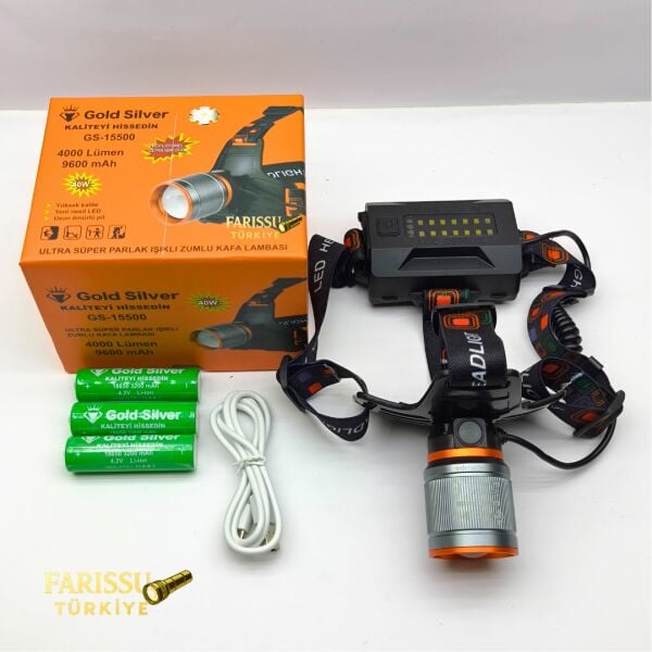 Gold Silver GS-15500 Ultra Güçlü 4000 Lümen Zoomlu Kafa Lambası Yedek Pilli Profesyonel Set