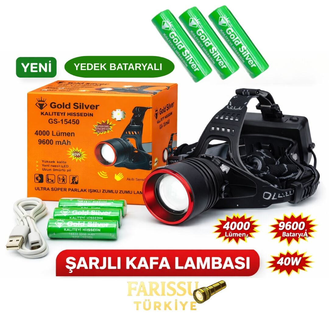 Gold Silver GS-15450 Ultra Parlak 4000 Lümen Zoomlu Sensörlü Kafa Lambas Yedek Pilli