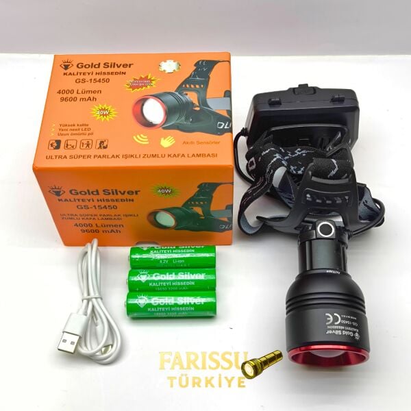 Gold Silver GS-15450 Ultra Parlak 4000 Lümen Zoomlu Sensörlü Kafa Lambas Yedek Pilli