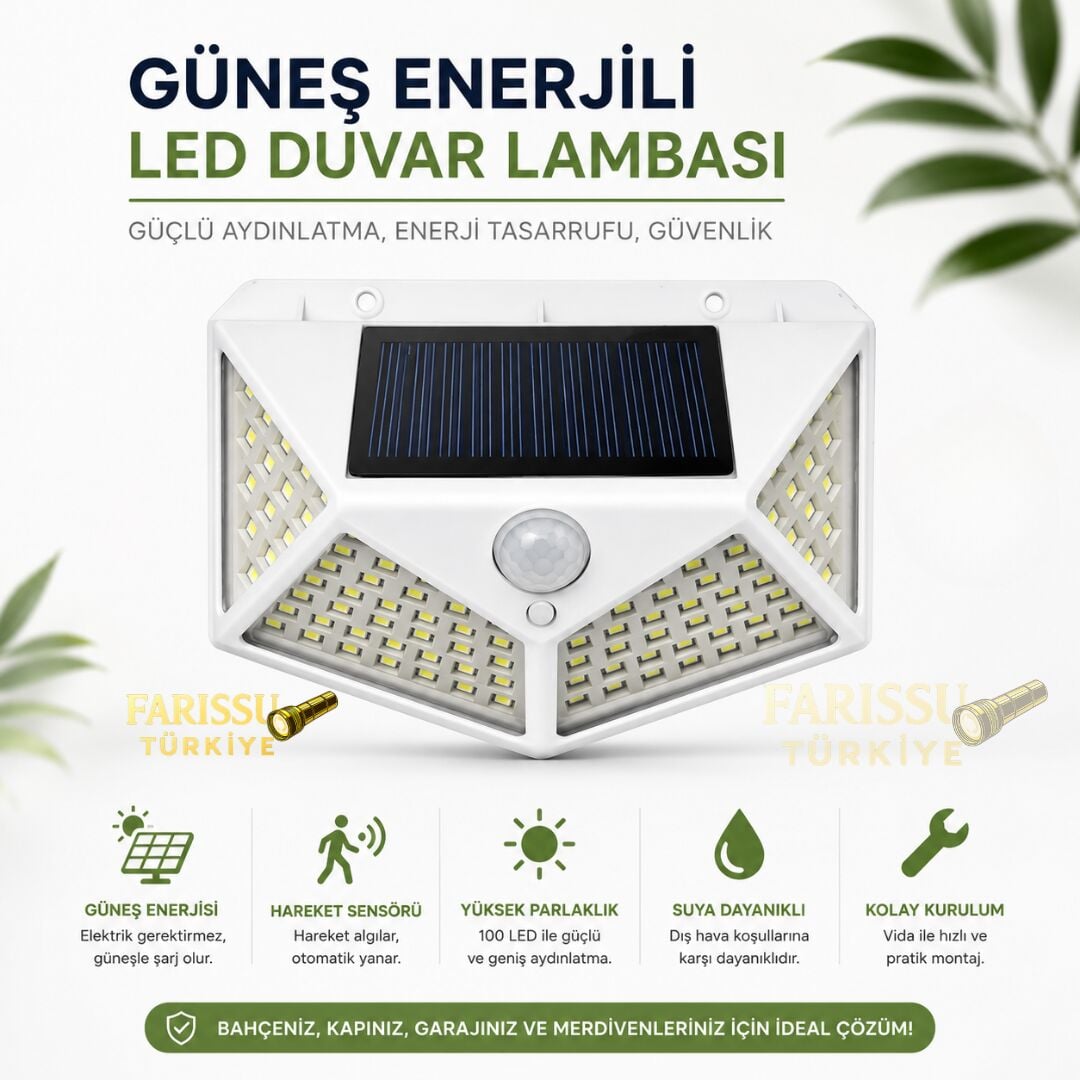 100 LED Solar Hareket Sensörlü Dış Mekan Bahçe Lambası (2 Adet)