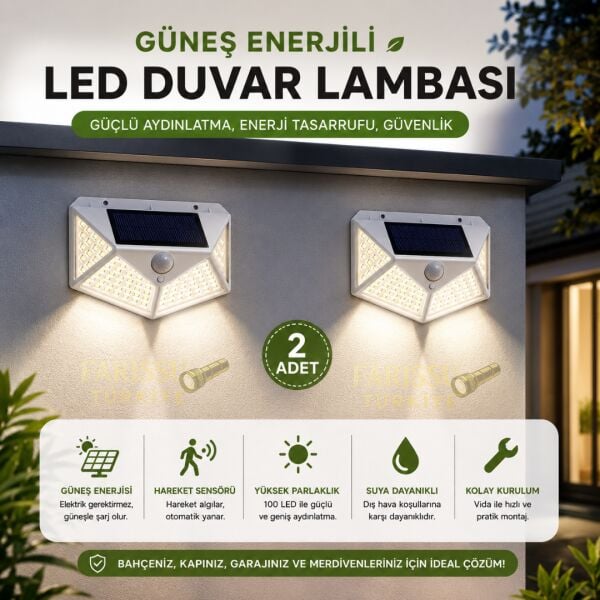 100 LED Solar Hareket Sensörlü Dış Mekan Bahçe Lambası (2 Adet)