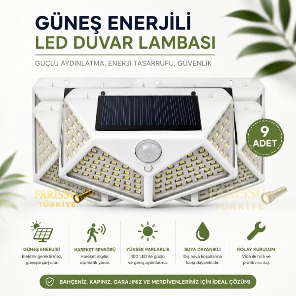 100 LED Solar Hareket Sensörlü Dış Mekan Bahçe Lambası (9 Adet)