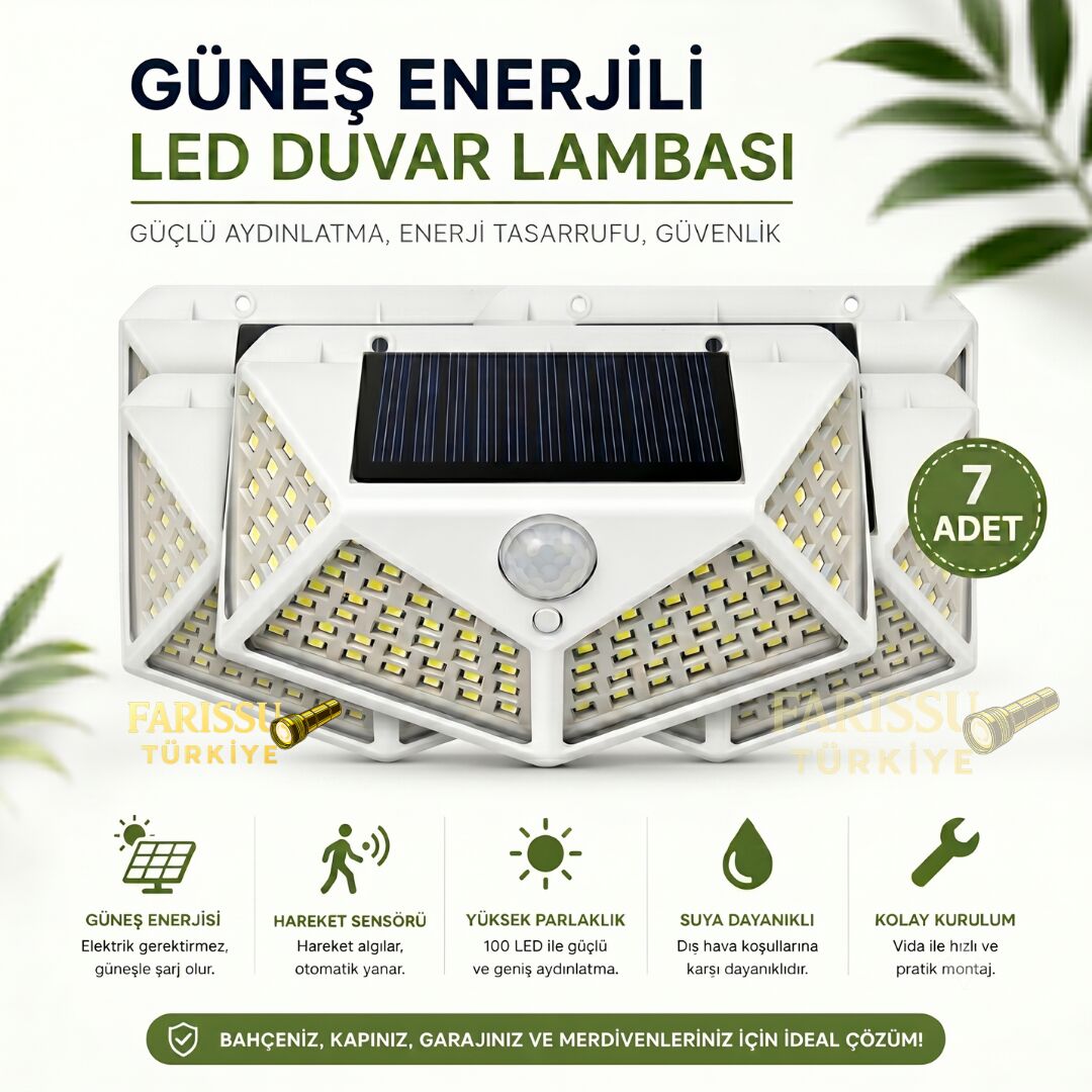 100 LED Solar Hareket Sensörlü Dış Mekan Bahçe Lambası (7 Adet)