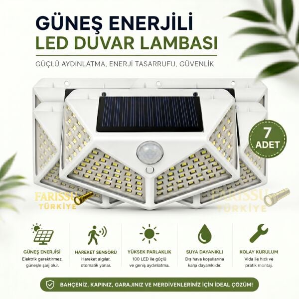 100 LED Solar Hareket Sensörlü Dış Mekan Bahçe Lambası (7 Adet)