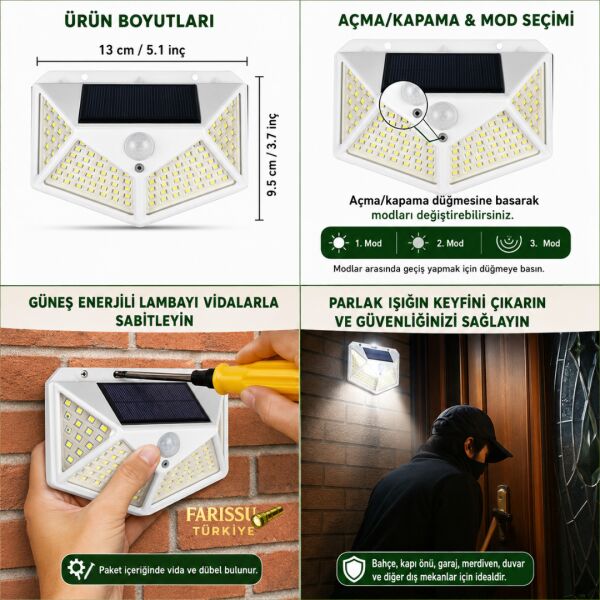 100 LED Solar Hareket Sensörlü Dış Mekan Bahçe Lambası (5 Adet)