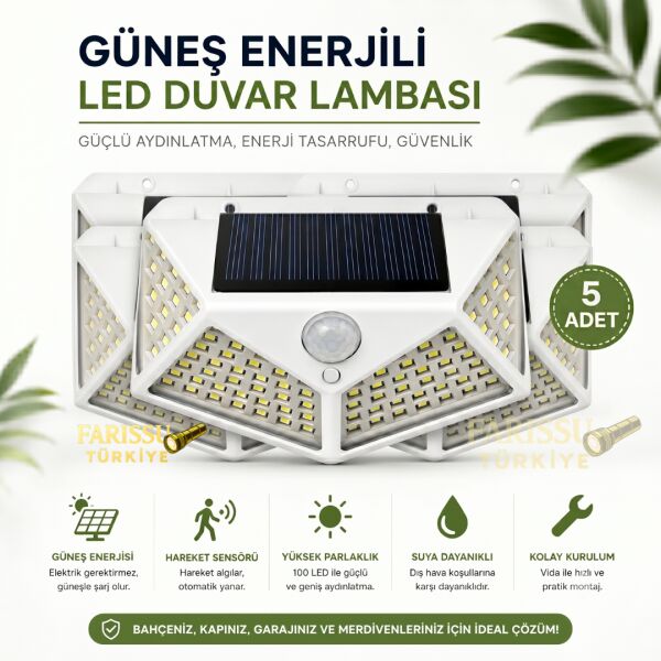 100 LED Solar Hareket Sensörlü Dış Mekan Bahçe Lambası (5 Adet)