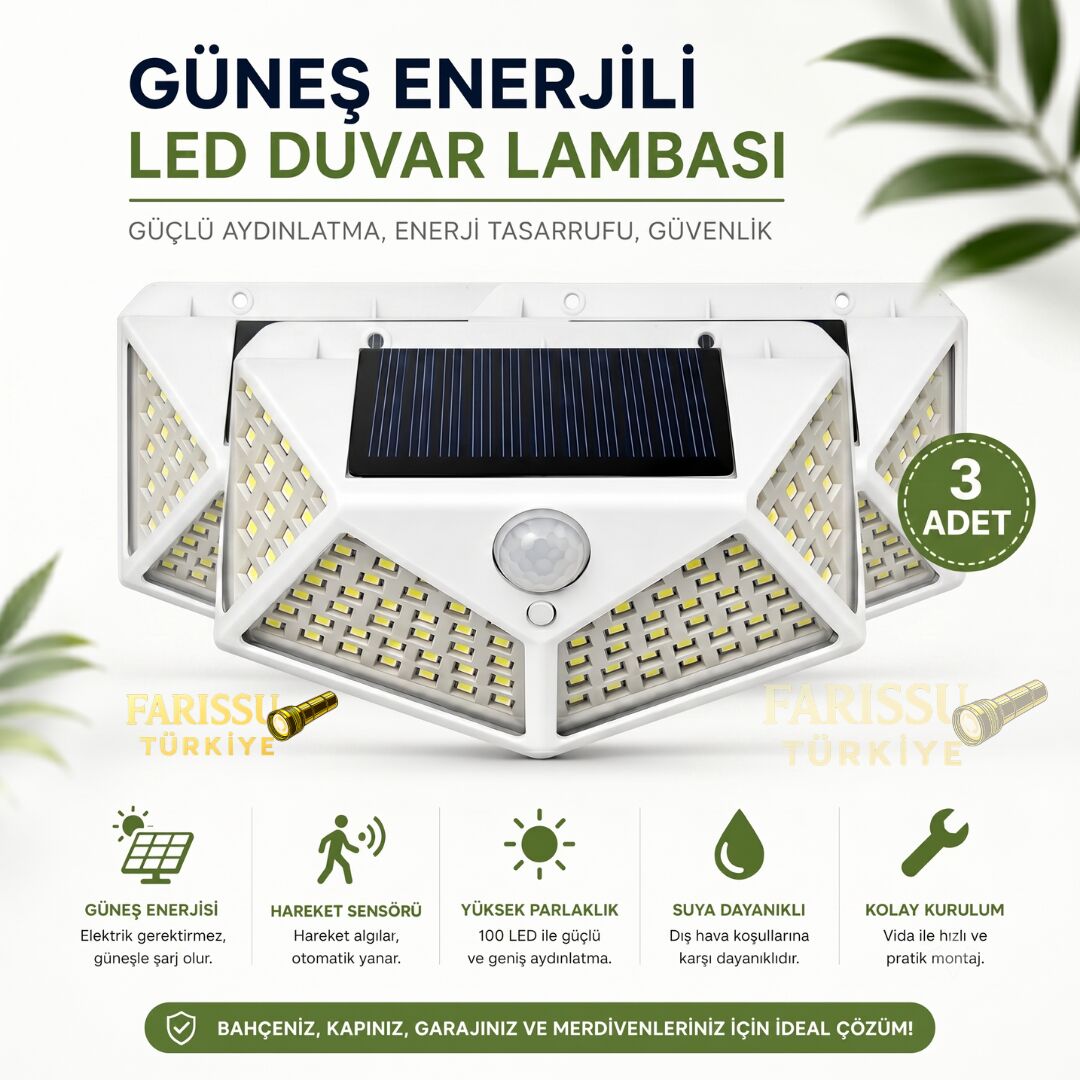 100 LED Solar Hareket Sensörlü Dış Mekan Bahçe Lambası (3 Adet)