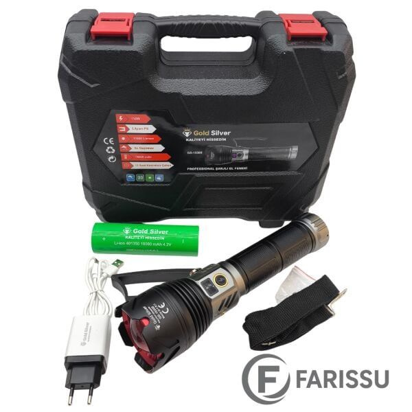 Gold Silver GS-15300 110W 11000 Lümen Profesyonel Şarjlı Zoomlu El Feneri (18000 mAh)