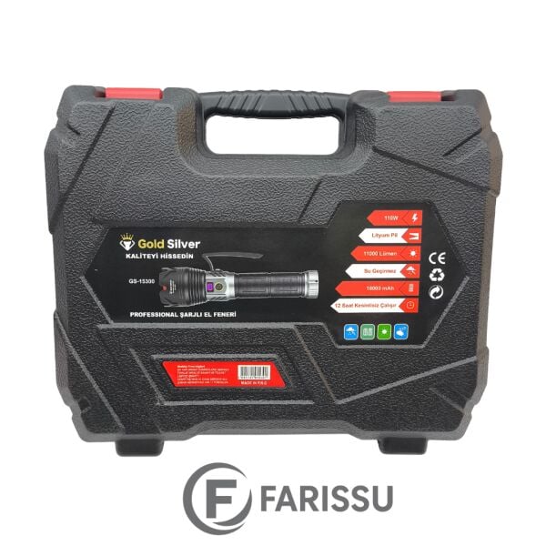 Gold Silver GS-15300 110W 11000 Lümen Profesyonel Şarjlı Zoomlu El Feneri (18000 mAh)