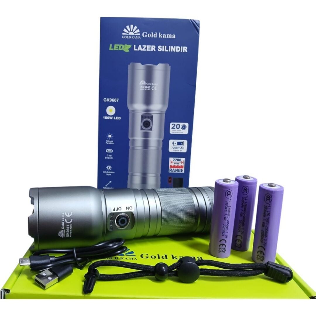 GK-9607 Profesyonel El Feneri | 100W 10.000 Lümen | 7200 Mah, 2200 M Menzil, Zoomlu