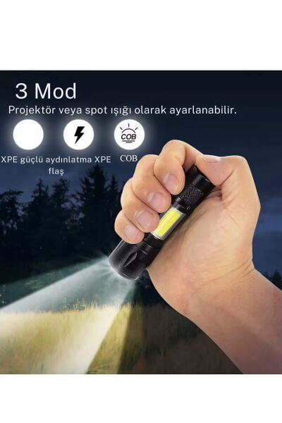 Mini Şarj Edilebilir LED El Feneri – 3 Modlu, Ayarlanabilir Zoom ve Suya Dayanıklı Hafif Tasarım!
