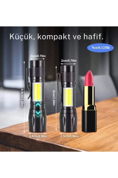 Mini Şarj Edilebilir LED El Feneri – 3 Modlu, Ayarlanabilir Zoom ve Suya Dayanıklı Hafif Tasarım!