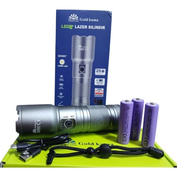 GK-9607 Profesyonel El Feneri | 100W 10.000 Lümen | 7200 Mah, 2200 M Menzil, Zoomlu