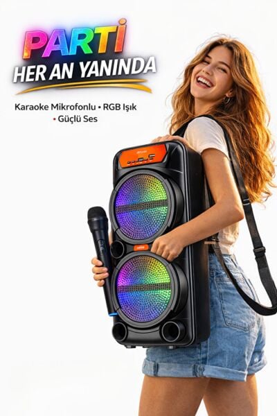 Kablosuz Mikrofonlu RGB Işıklı Taşınabilir Parti ve Karaoke Hoparlörü (GTS-1880)