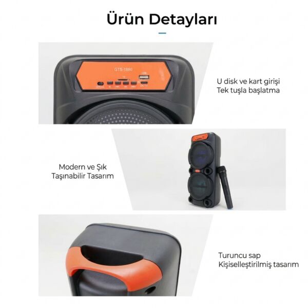 Kablosuz Mikrofonlu RGB Işıklı Taşınabilir Parti ve Karaoke Hoparlörü (GTS-1880)