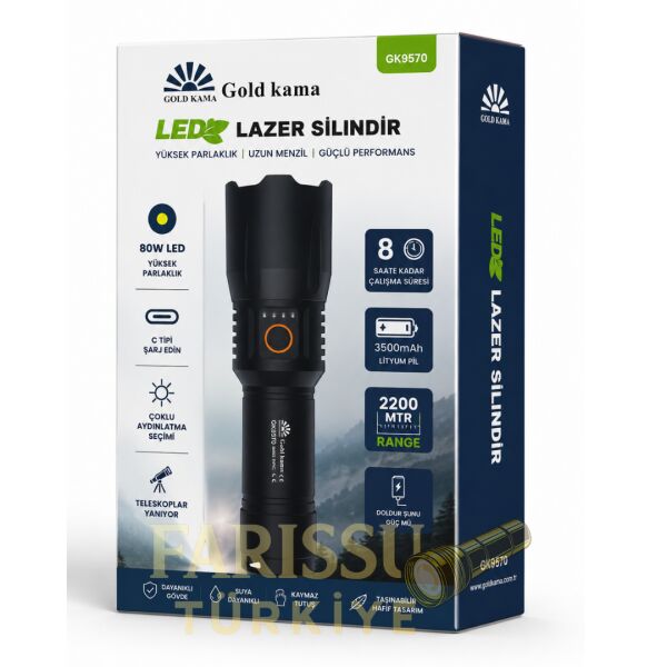 GK9570 80W LED Lazer Silindir Şarjlı El Feneri - 8000 Lümen Uzun Menzilli, Teleskopik Zoomlu Kamp