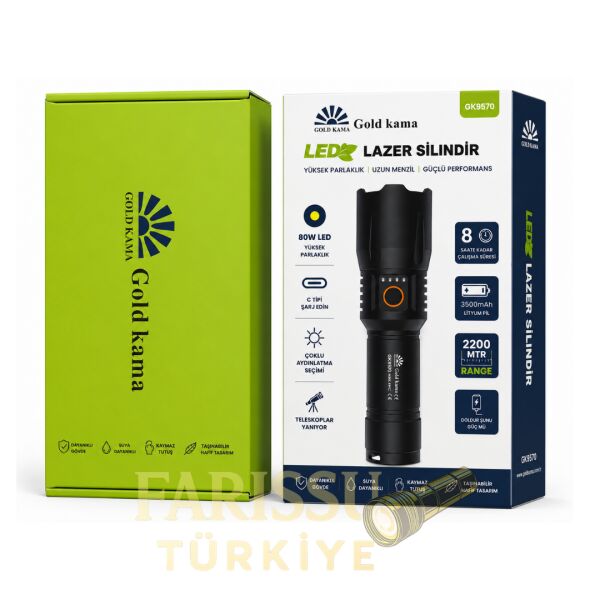 GK9570 80W LED Lazer Silindir Şarjlı El Feneri - 8000 Lümen Uzun Menzilli, Teleskopik Zoomlu Kamp