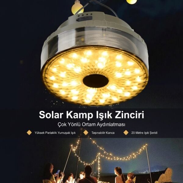 20 Metre Solar Şeritli Kamp Lambası - Gün Işığı Çok Fonksiyonlu Projektör ve El Feneri