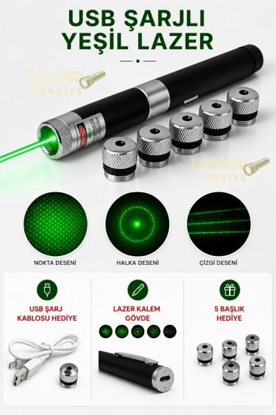 USB Şarjlı Yeşil Lazer Pointer Kalem - 5 Farklı Desen Başlıklı, 10 KM Yüksek Menzilli Güçlü İşaretleyici