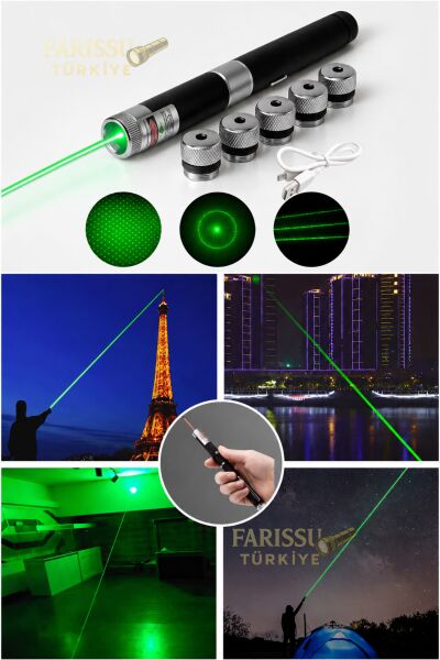 USB Şarjlı Yeşil Lazer Pointer Kalem - 5 Farklı Desen Başlıklı, 10 KM Yüksek Menzilli Güçlü İşaretleyici