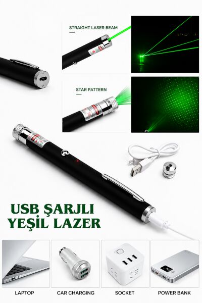 USB Şarjlı Yeşil Lazer Pointer Kalem - 5 Farklı Desen Başlıklı, 10 KM Yüksek Menzilli Güçlü İşaretleyici