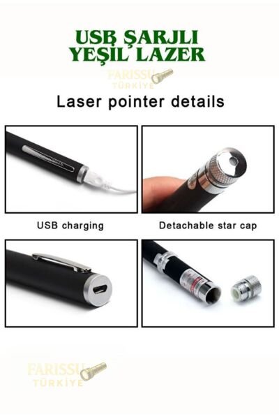 USB Şarjlı Yeşil Lazer Pointer Kalem - 5 Farklı Desen Başlıklı, 10 KM Yüksek Menzilli Güçlü İşaretleyici