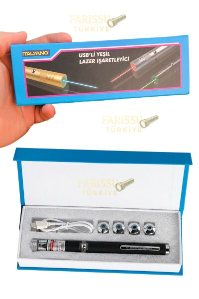 USB Şarjlı Yeşil Lazer Pointer Kalem - 5 Farklı Desen Başlıklı, 10 KM Yüksek Menzilli Güçlü İşaretleyici