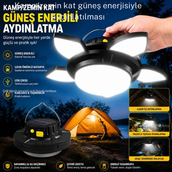 Güneş Enerjili Katlanabilir LED Kamp Lambası- 4000 mAh Powerbank Özellikli