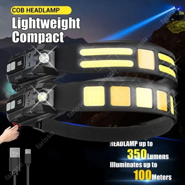 Ultra-Parlak LED + COB Şarj Edilebilir Kafa Feneri – Hareket Sensörlü, Ayarlanabilir Işın, Hafif ve Dayanıklı Tasarım