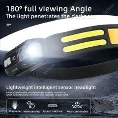 Ultra-Parlak LED + COB Şarj Edilebilir Kafa Feneri – Hareket Sensörlü, Ayarlanabilir Işın, Hafif ve Dayanıklı Tasarım