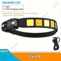 Ultra-Parlak LED + COB Şarj Edilebilir Kafa Feneri – Hareket Sensörlü, Ayarlanabilir Işın, Hafif ve Dayanıklı Tasarım