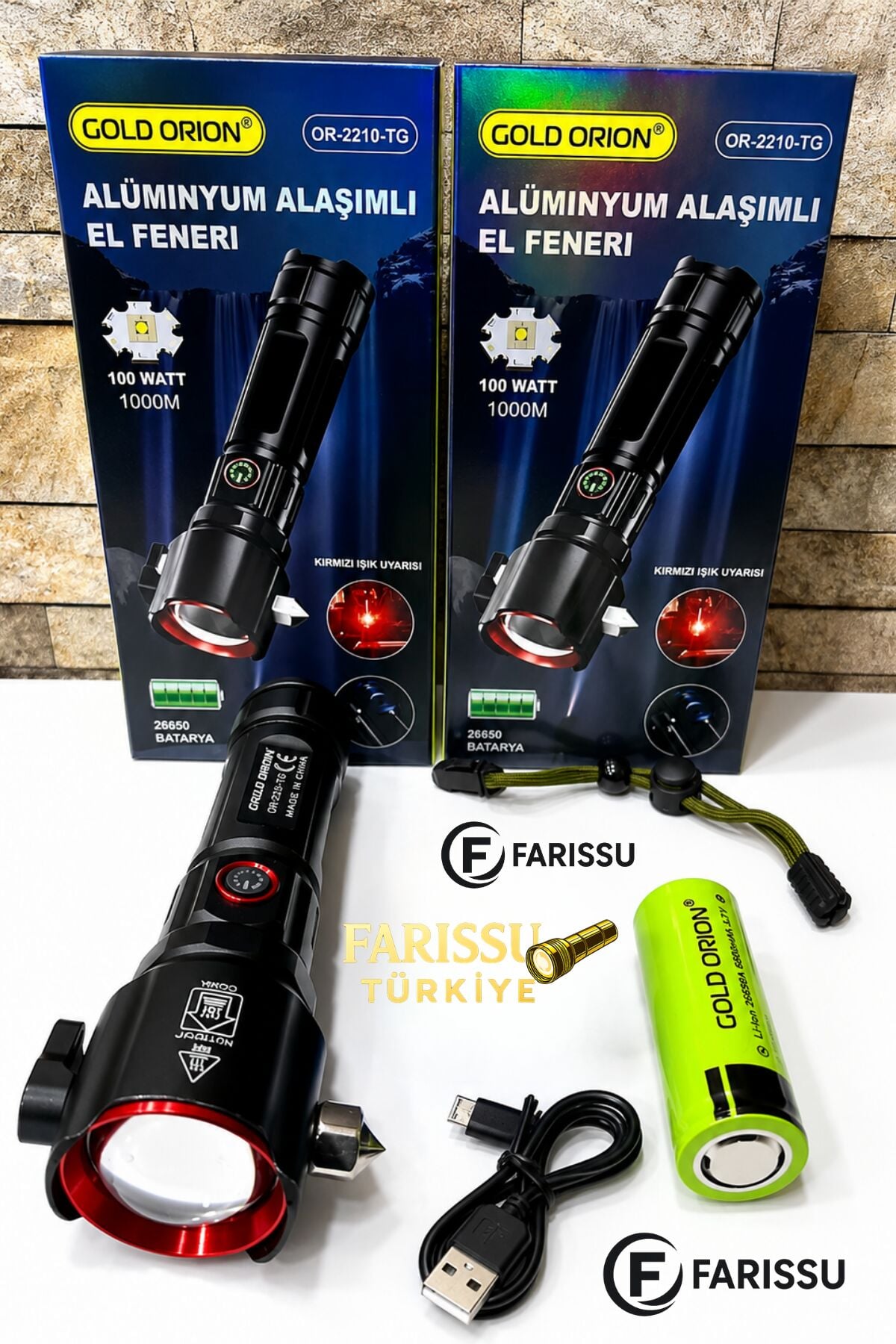 OR-2210-TG Alüminyum Alaşımlı Şarj Edilebilir Taktik El Feneri - 1000 Watt 6000 Lümen, 1 Km Menzilli
