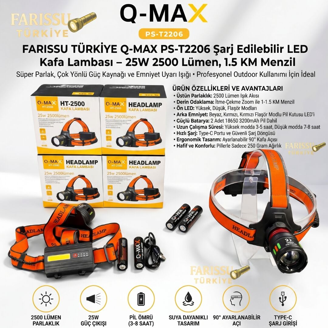 Q-MAX PS-T2206 Kafa Lambası - 25W 2500 Lümen Şarj Edilebilir LED Kafa Lambası, 1.5 KM Uzun Menzilli