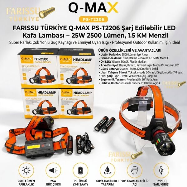 Q-MAX PS-T2206 Kafa Lambası - 25W 2500 Lümen Şarj Edilebilir LED Kafa Lambası, 1.5 KM Uzun Menzilli