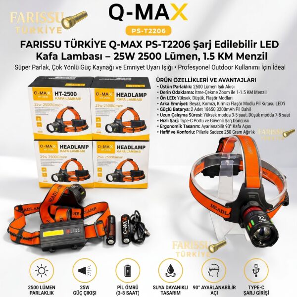 Q-MAX PS-T2206 Kafa Lambası - 25W 2500 Lümen Şarj Edilebilir LED Kafa Lambası, 1.5 KM Uzun Menzilli