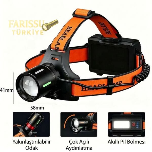 Q-MAX PS-T2206 Kafa Lambası - 25W 2500 Lümen Şarj Edilebilir LED Kafa Lambası, 1.5 KM Uzun Menzilli