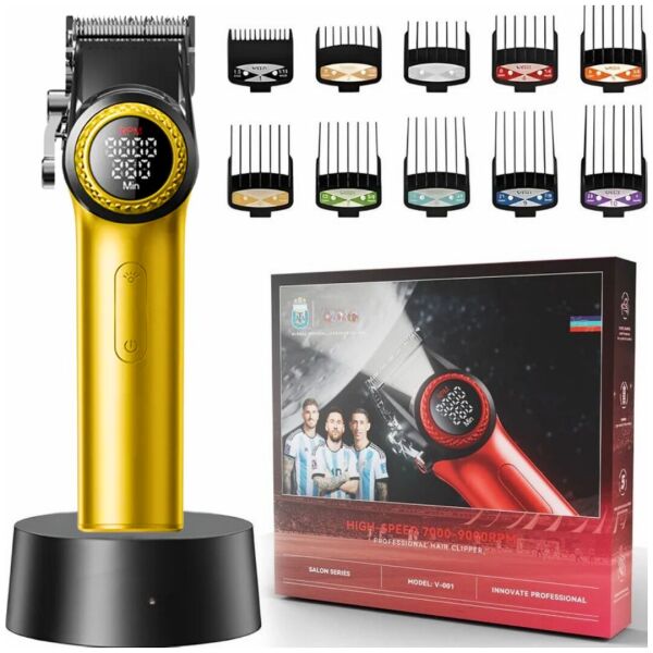 VGR V-001 Profesyonel  Berberler için Karbon Çelik Bıçak Saç Kesme Makinesi 9000RPM, LED Ekran Sarı