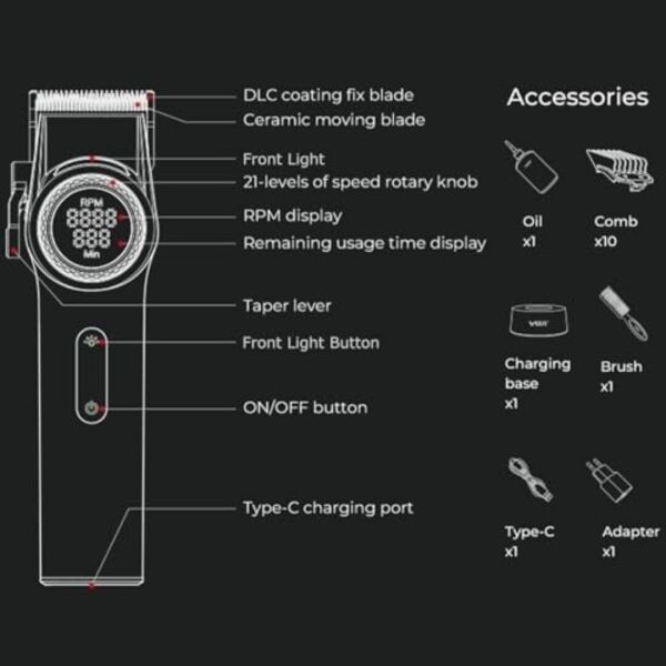 VGR V-001 Profesyonel  Berberler için Karbon Çelik Bıçak Saç Kesme Makinesi 9000RPM, LED Ekran Siyah