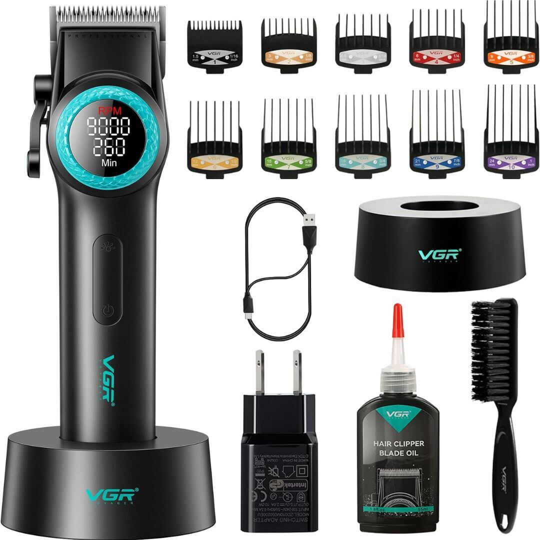 VGR V-001 Profesyonel  Berberler için Karbon Çelik Bıçak Saç Kesme Makinesi 9000RPM, LED Ekran Siyah
