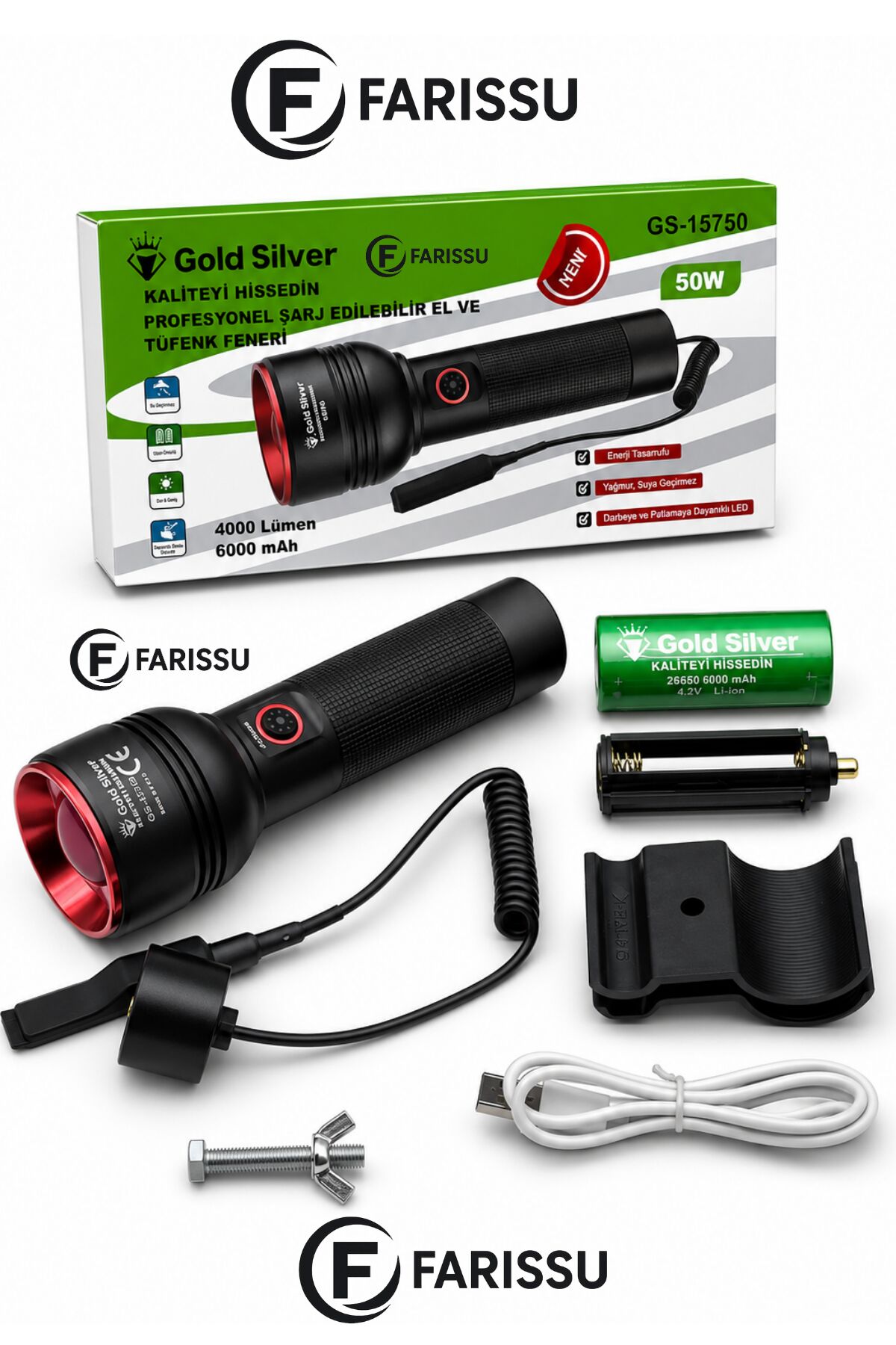 Gold Silver GS-15750 50W 4000 Lümen Profesyonel Şarj Edilebilir Zoomlu Tüfek Ve El Feneri Seti (6000 mAh)