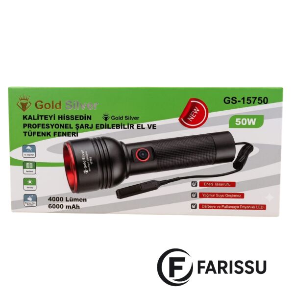 Gold Silver GS-15750 50W 4000 Lümen Profesyonel Şarj Edilebilir Zoomlu Tüfek Ve El Feneri Seti (6000 mAh)