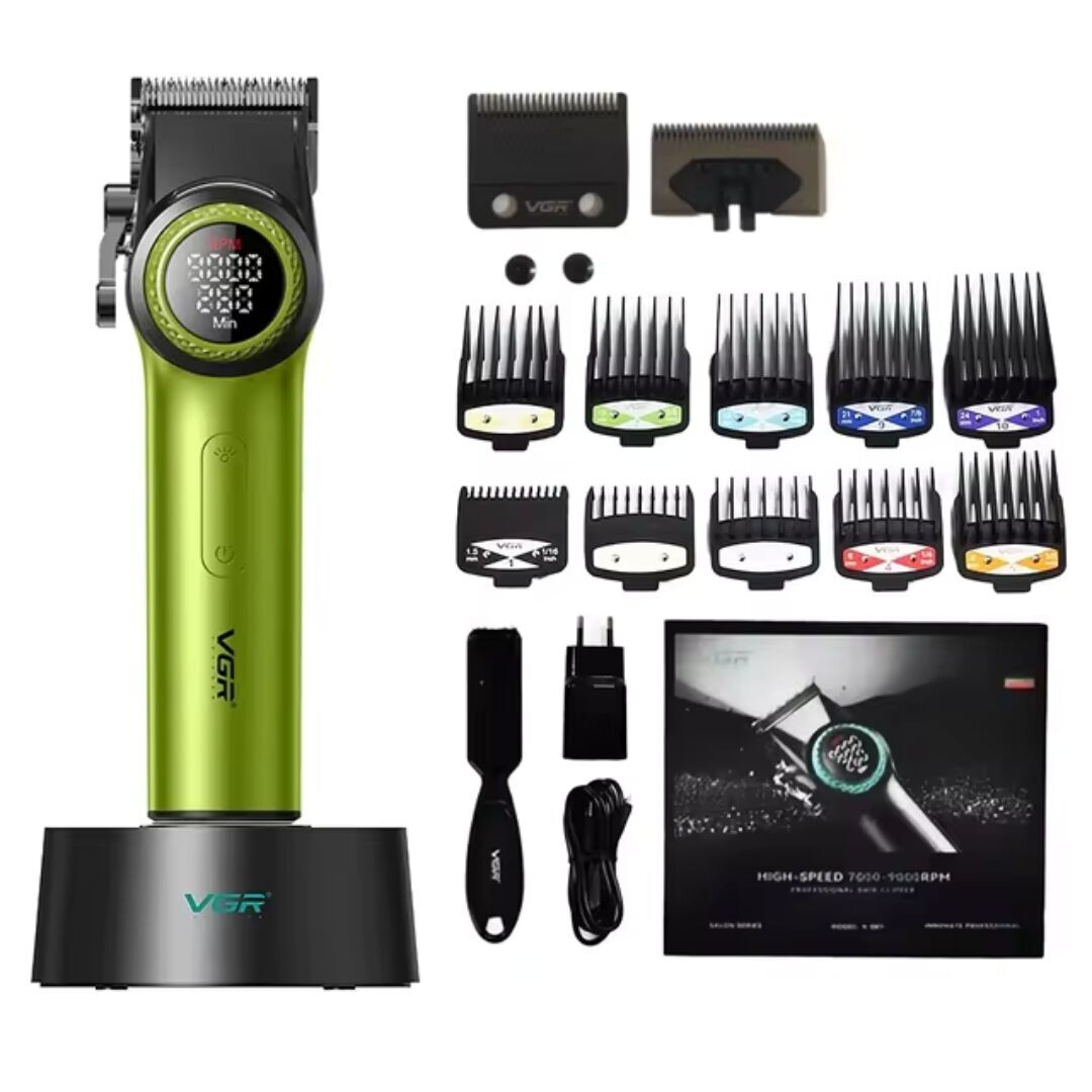VGR V-001 Profesyonel  Berberler için Karbon Çelik Bıçak Saç Kesme Makinesi 9000RPM, LED Ekran Yeşil