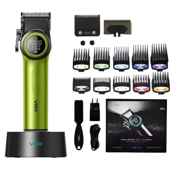 VGR V-001 Profesyonel  Berberler için Karbon Çelik Bıçak Saç Kesme Makinesi 9000RPM, LED Ekran Yeşil