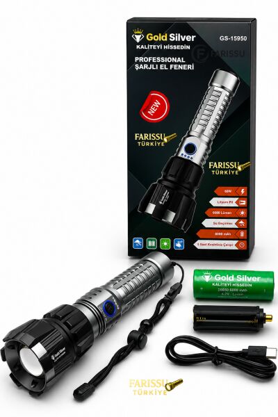 Gold Silver GS-15950 60W 6000 Lümen Profesyonel Şarjlı El Feneri - 1.5 KM Menzilli Zoomlu Avcı Feneri