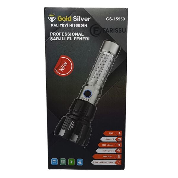 Gold Silver GS-15950 60W 6000 Lümen Profesyonel Şarjlı El Feneri - 1.5 KM Menzilli Zoomlu Avcı Feneri