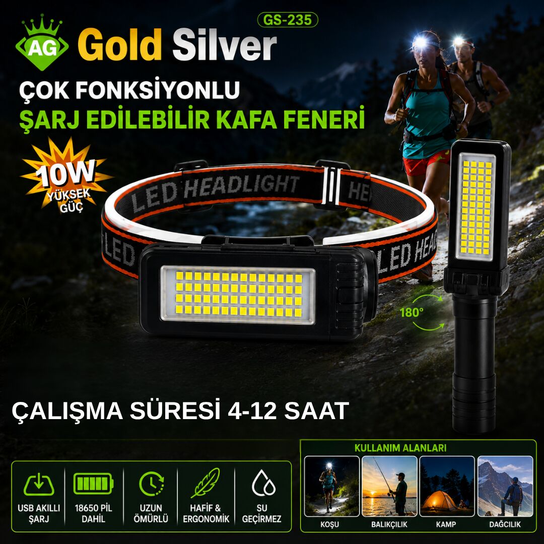 Gold Silver GS-235 10W Şarj Edilebilir LED Kafa Feneri - 4 Modlu Dahili Sabit Bataryalı Kamp ve Kafa Lambası