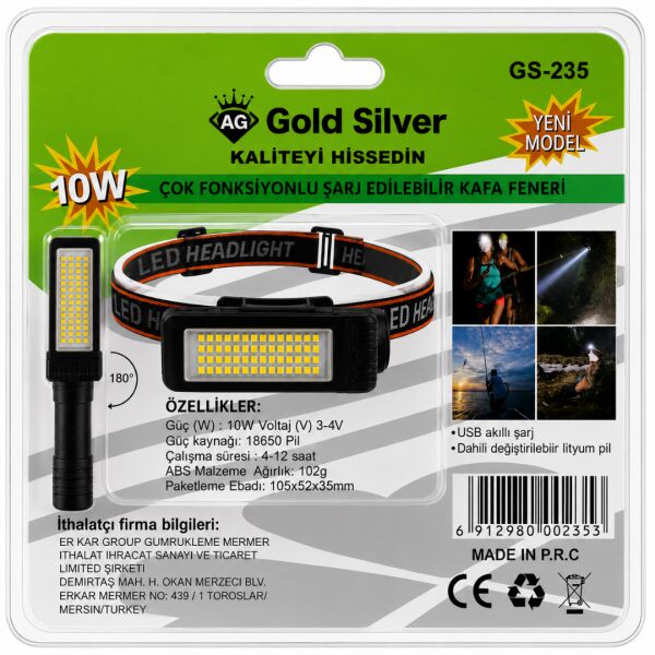 Gold Silver GS-235 10W Şarj Edilebilir LED Kafa Feneri - 4 Modlu Dahili Sabit Bataryalı Kamp ve Kafa Lambası