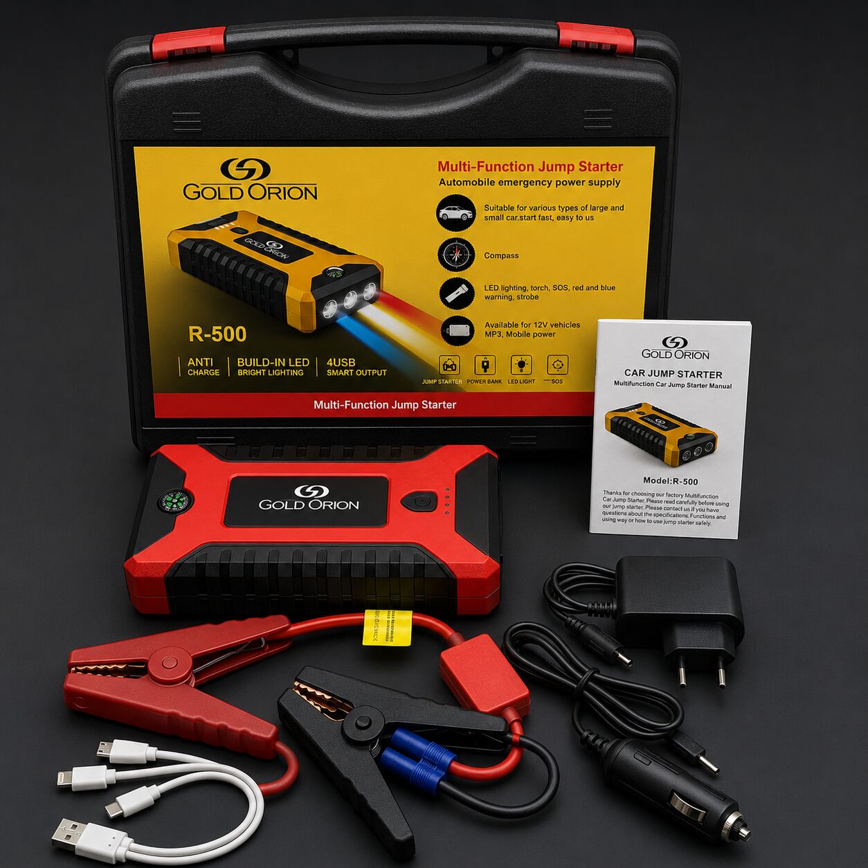 Gold Orion R-500 Çok Fonksiyonlu Taşınabilir Araç Akü Takviye Cihazı - 12V Jump Starter, Powerbank ve Fener