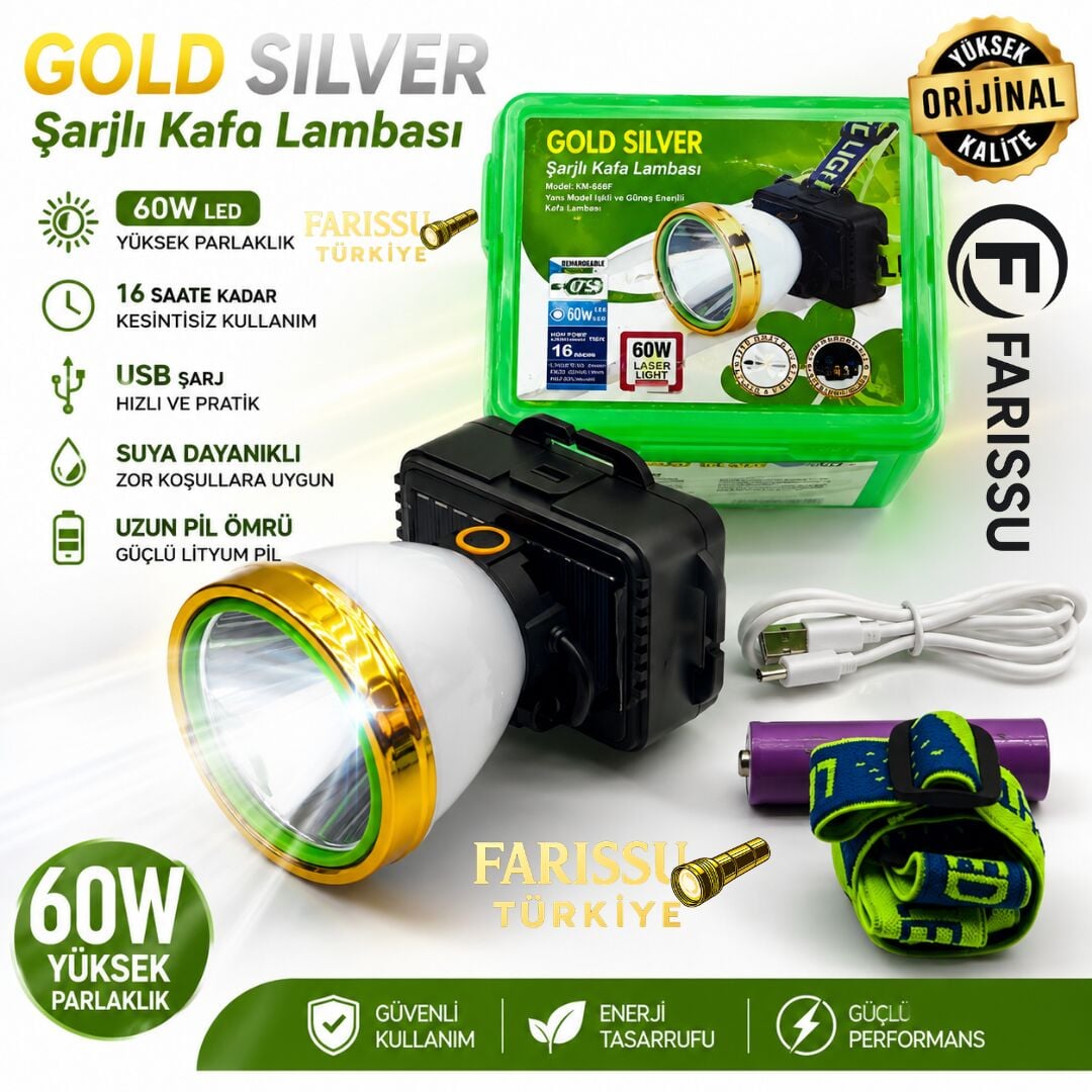 Gold Silver Güneş Enerjili Solar Şarjlı Kafa Lambası 60W LED 1 KM Menzilli Avcı Kamp Feneri 18650 Pilli