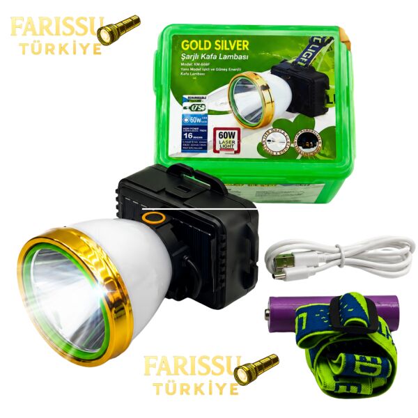 Gold Silver Güneş Enerjili Solar Şarjlı Kafa Lambası 60W LED 1 KM Menzilli Avcı Kamp Feneri 18650 Pilli